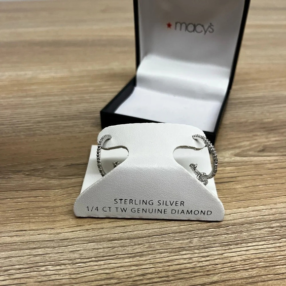 Sterling Silver and Diamond Hoop Earrings w/ Floating Hearts - Picture 5 of 8